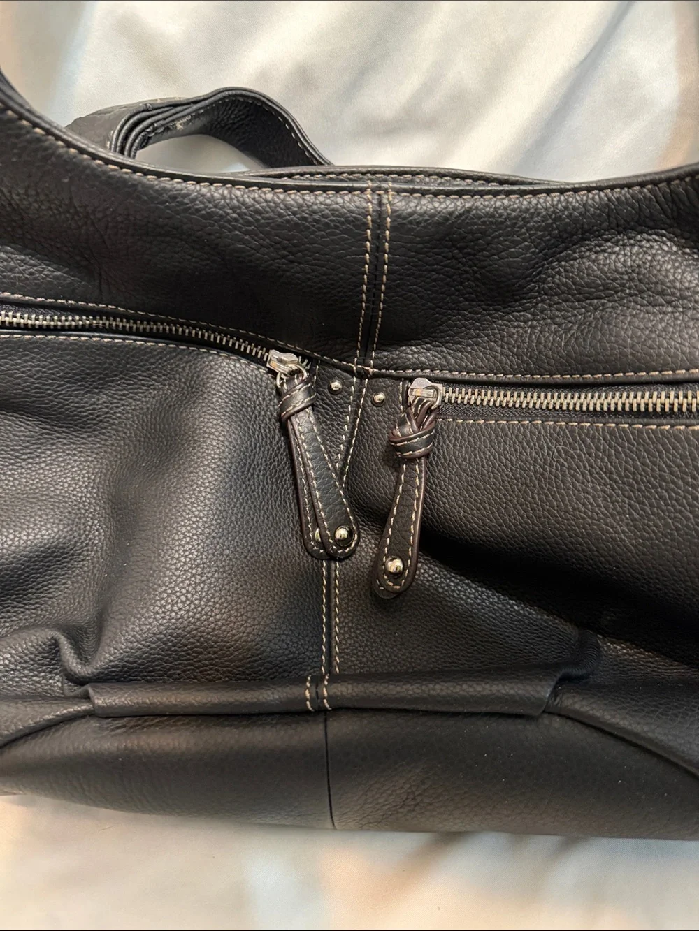 Tignanello Classic Black Leather Tote Bag with Zip Pockets
